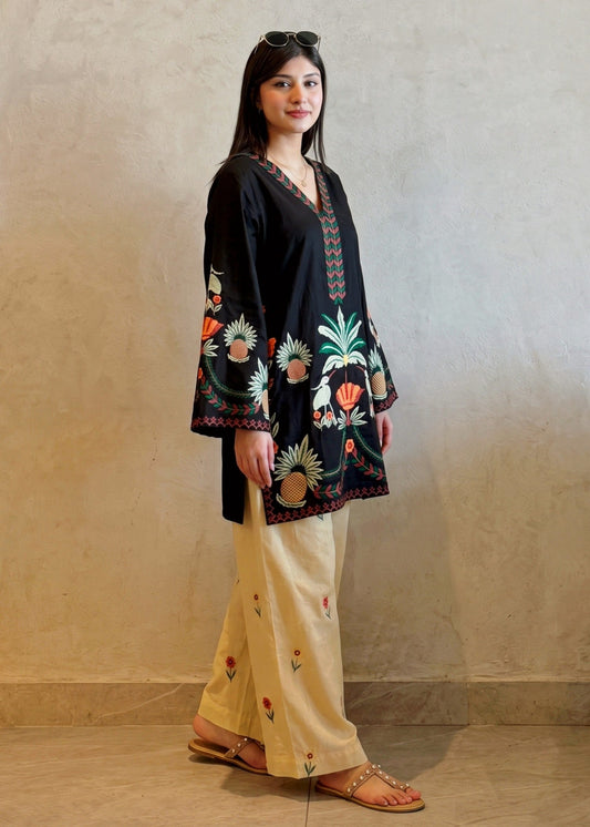 Black Embroidered Cotton Kurta Set Online in Dubai DXB UAE Abudhabi Meena Bazaar