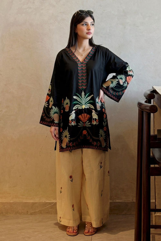 Black Embroidered Cotton Kurta Set Online in Dubai UAE Abudhabi Ajman Sharjah