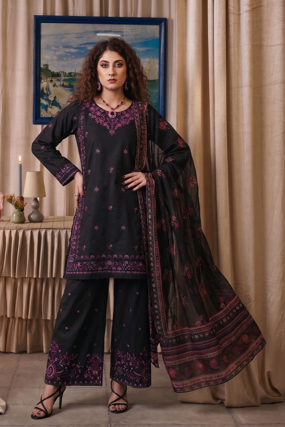 Black Embroidered Cotton Partywear Suit Online in Dubai UAE Abudhabi Ajman Sharjah