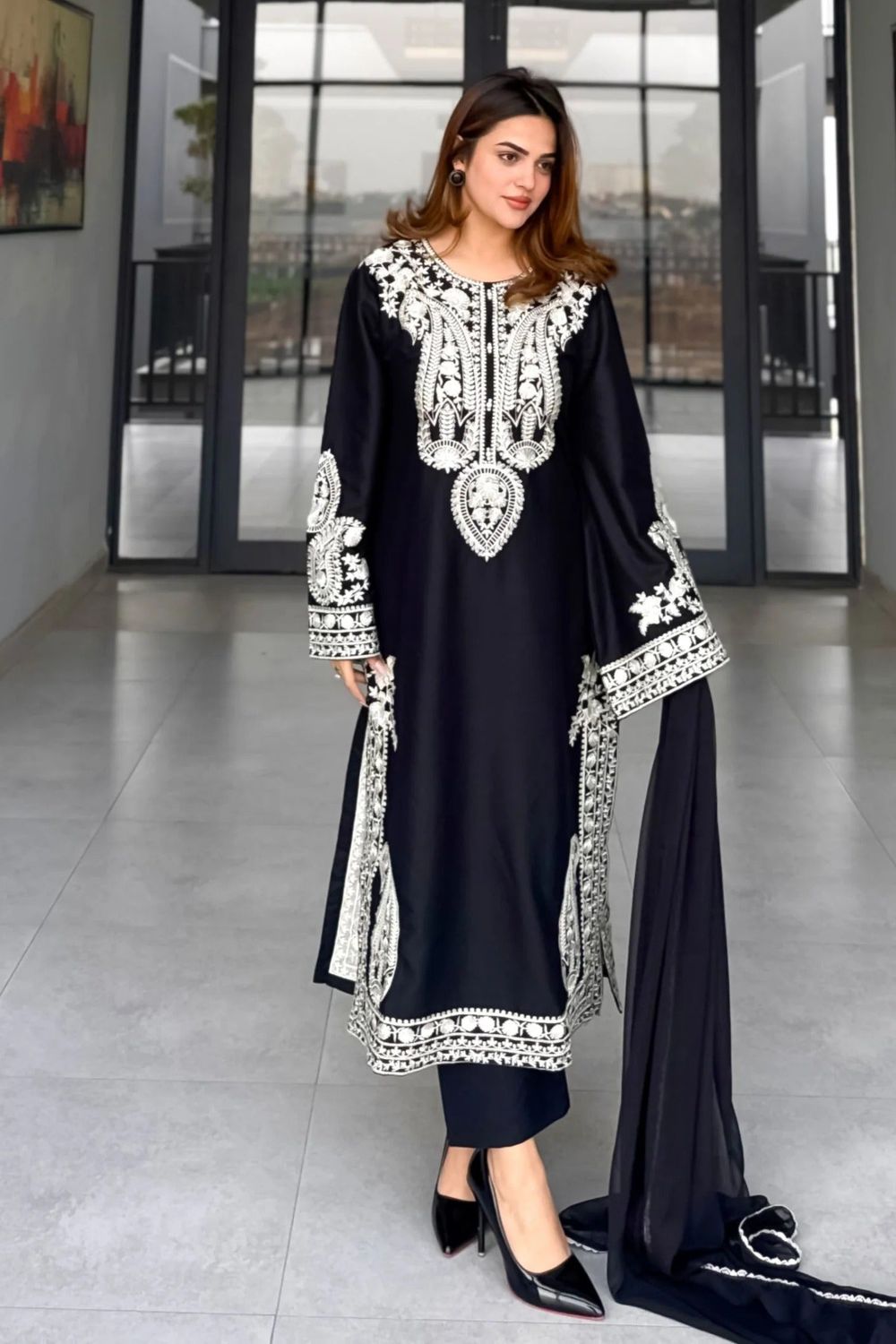Black Embroidered Cotton Salwar Suit Online in Dubai UAE Abudhabi Ajman Sharjah