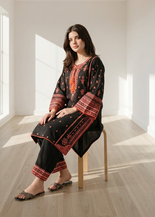 Black Embroidered Cotton Straight Suit Online in Sri Lanka India Australia