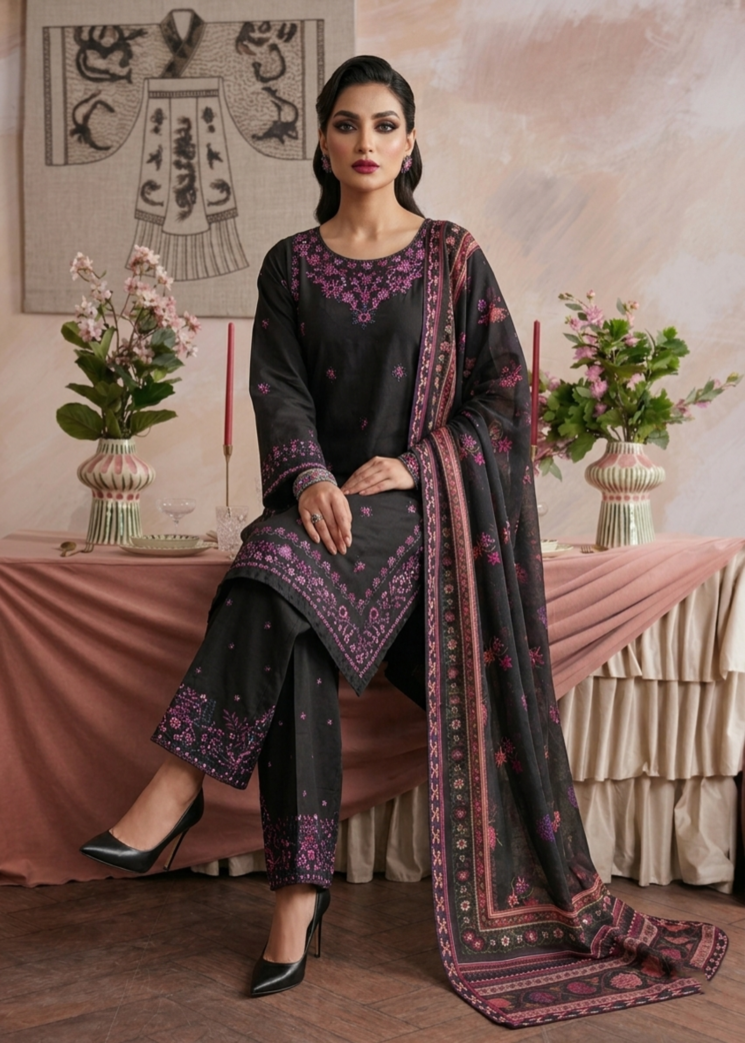 Black Embroidered Cotton Summer Wear Suit Online in Dubai UAE Abudhabi Ajman Sharjah