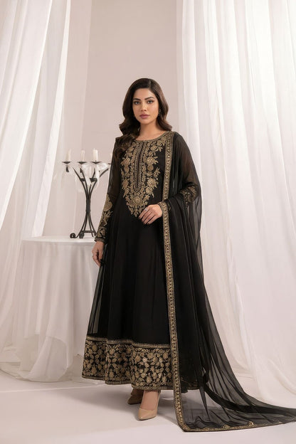 Black Embroidered Crinkle Chiffon Flared Maxi Suit Online in Dubai UAE Abudhabi Ajman Sharjah