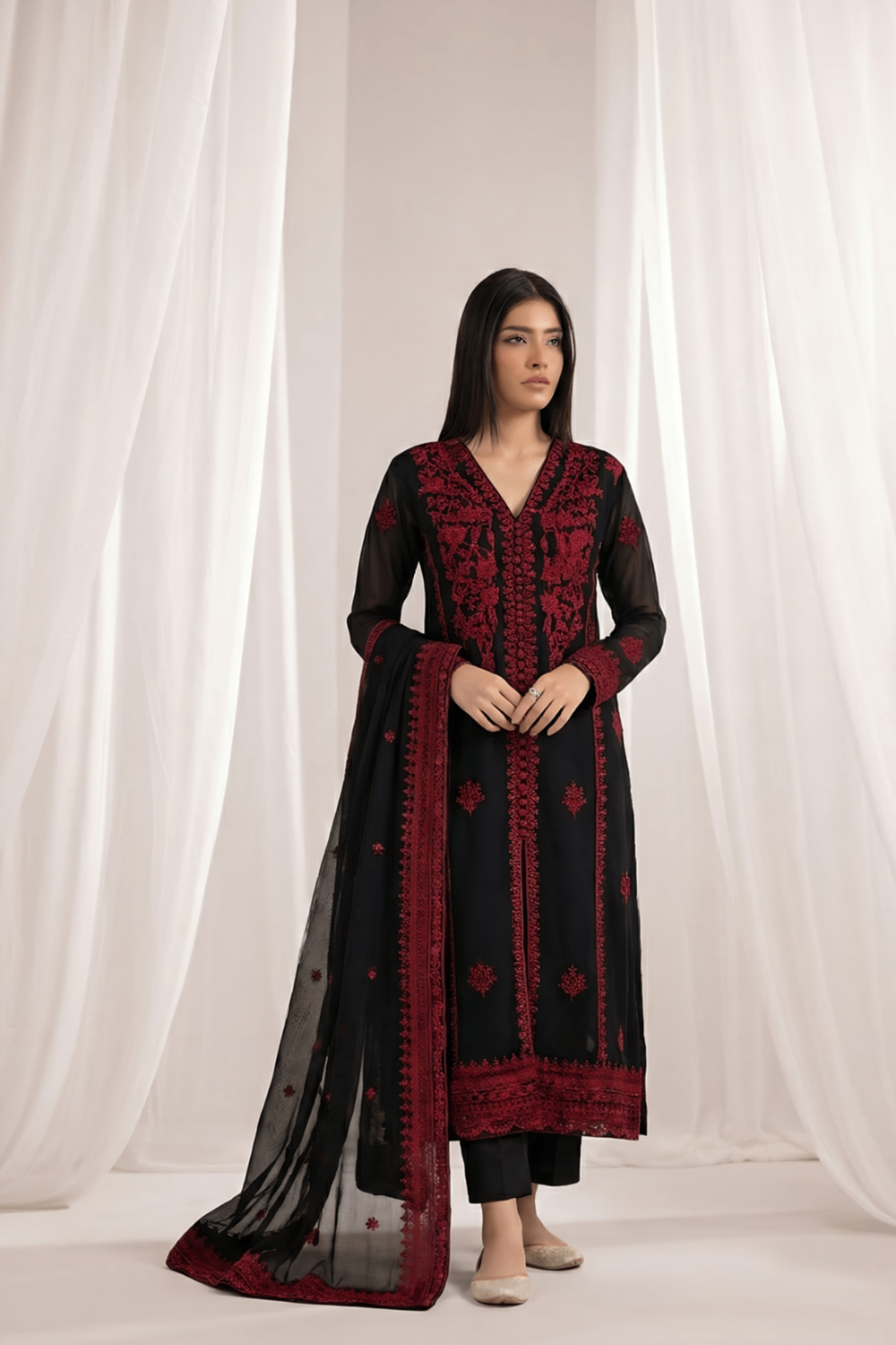 Black Embroidered Crinkle Chiffon Pakistani Suit Online in Dubai UAE Abudhabi Ajman Sharjah