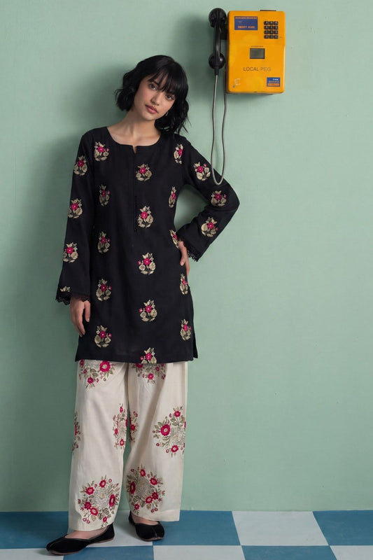 Black Embroidered Dhanak Farshi Shalwar Suit Online in Dubai UAE Abudhabi Ajman Sharjah