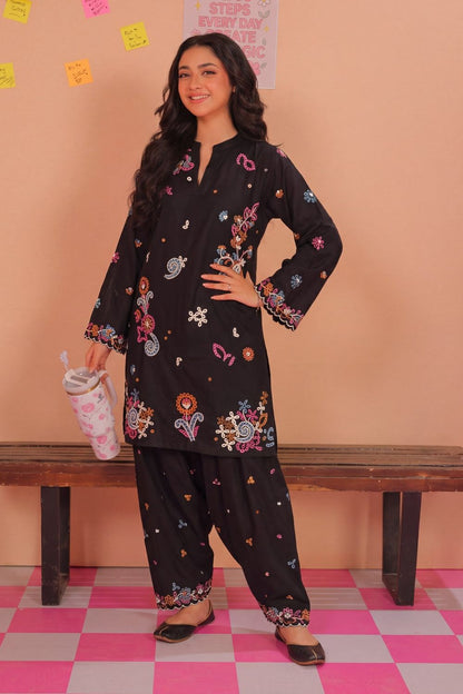 Black Embroidered Dhanak Farshi Shalwar Suit Online in Dubai UAE Abudhabi Ajman Sharjah