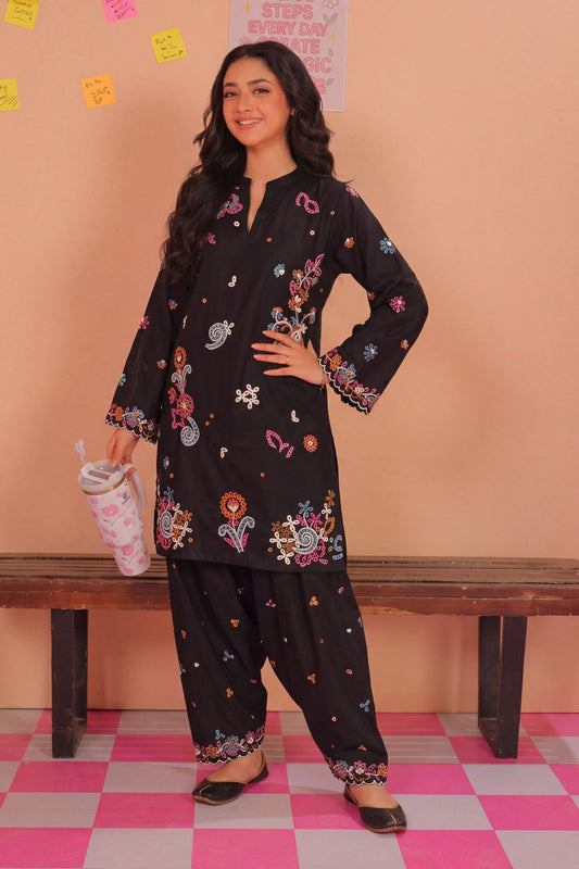 Black Embroidered Dhanak Farshi Shalwar Suit Online in Dubai UAE Abudhabi Ajman Sharjah