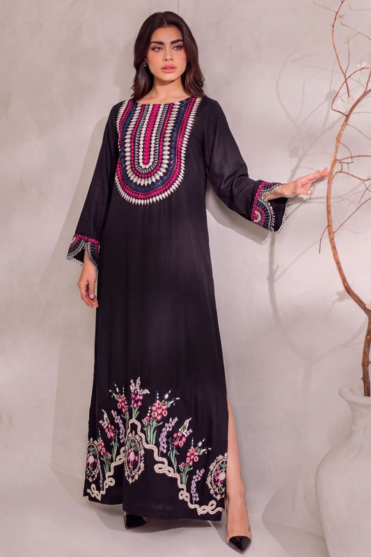 Black Embroidered Dhanak Kaftan Online in Dubai UAE Abudhabi Ajman Sharjah