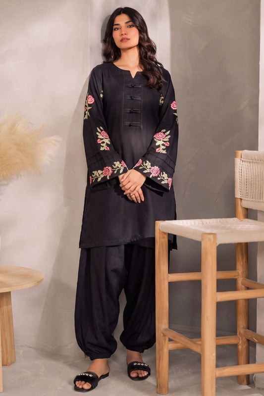 Black Embroidered Dhanak Kurta Set Online in Dubai UAE Abudhabi Ajman Sharjah