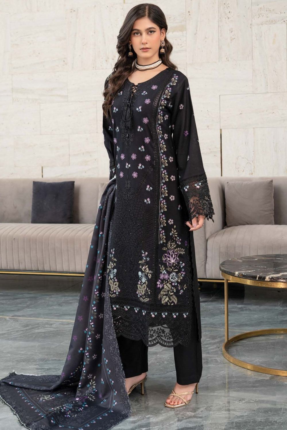 Black Embroidered Dhanak Salwar Suit Online in Dubai UAE Abudhabi Ajman Sharjah