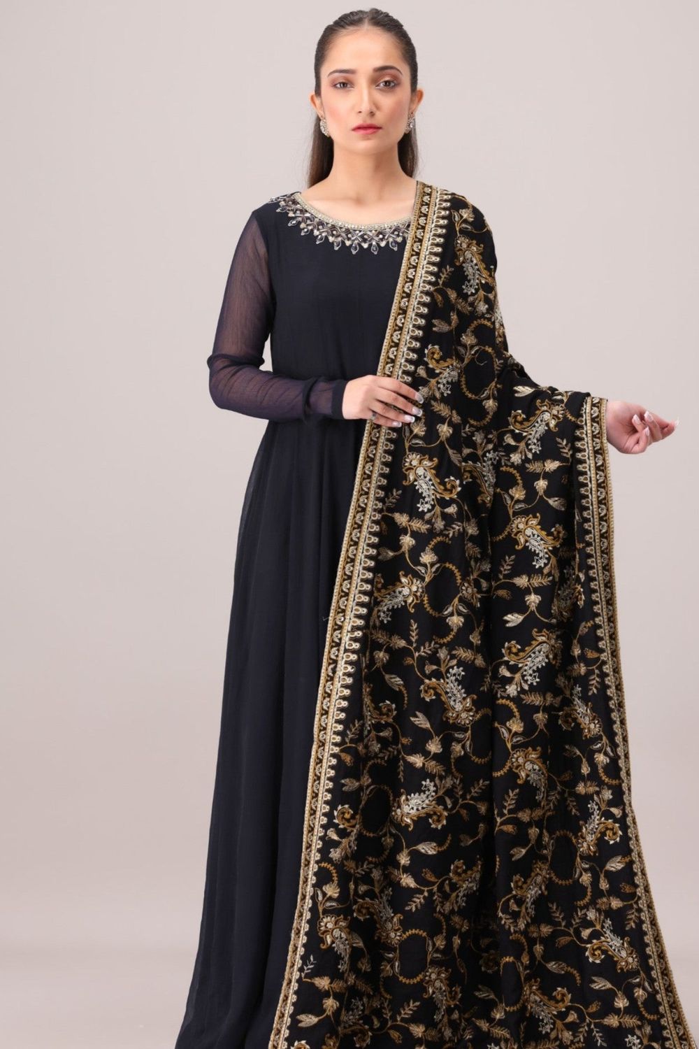 Black Embroidered Dhanak Shawl Online in Dubai UAE Abudhabi Ajman Sharjah