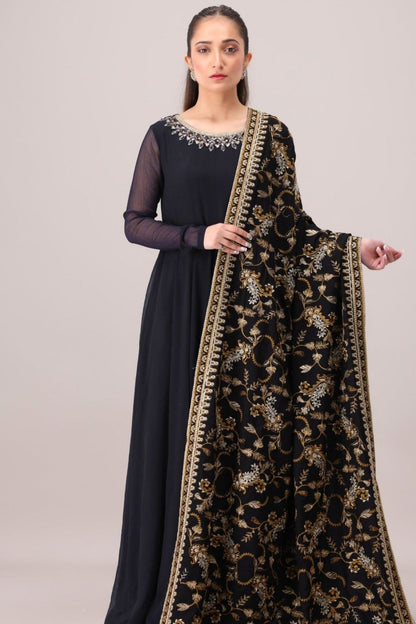 Black Embroidered Dhanak Shawl Online in Dubai UAE Abudhabi Ajman Sharjah