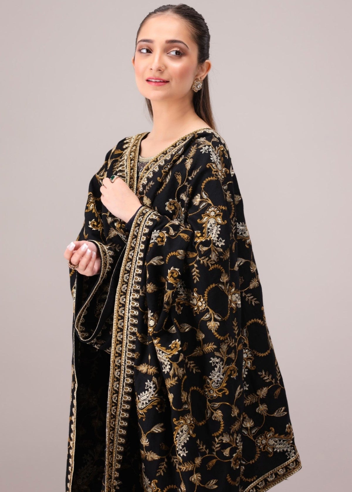 Black Embroidered Dhanak Winter Shawl Online in Dubai DXB UAE Abudhabi Meena Bazaar