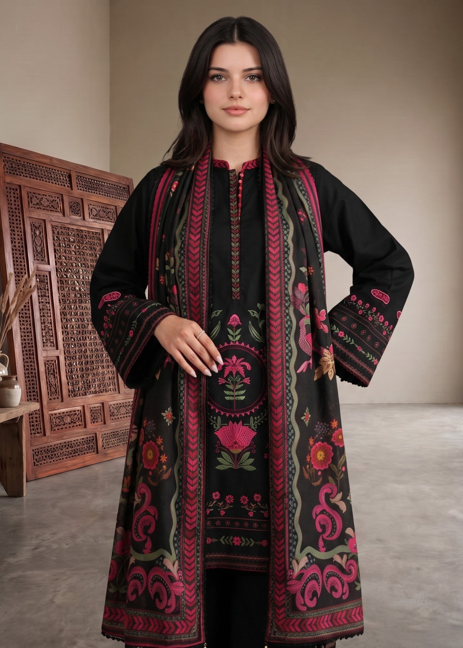 Black Embroidered Farshi Shalwar Kurta Online in KSA Riyadh Saudi Arabia Oman Bahrain Qatar