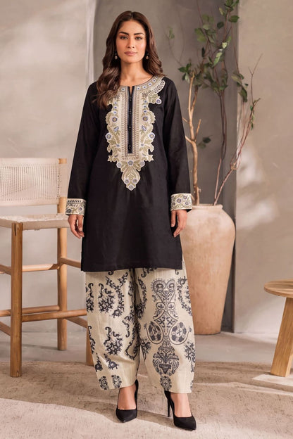 Black Embroidered Fine Khaddar Kurta Set Online in Dubai UAE Abudhabi Ajman Sharjah