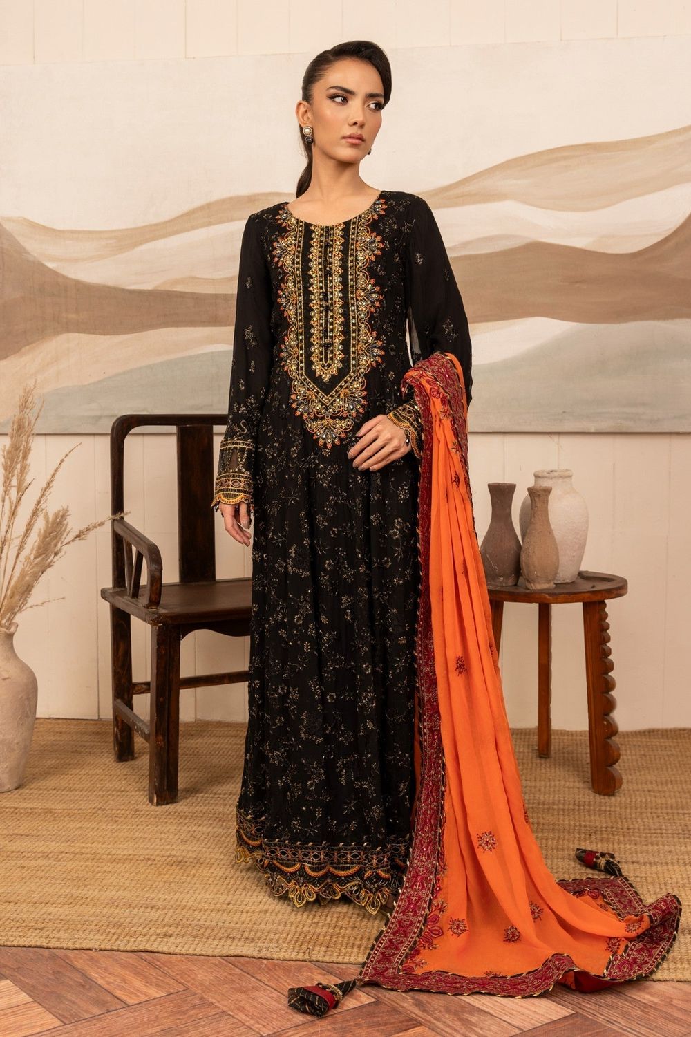 Black Embroidered Georgette Chiffon Pakistani Suit Online in Dubai UAE Abudhabi Ajman Sharjah