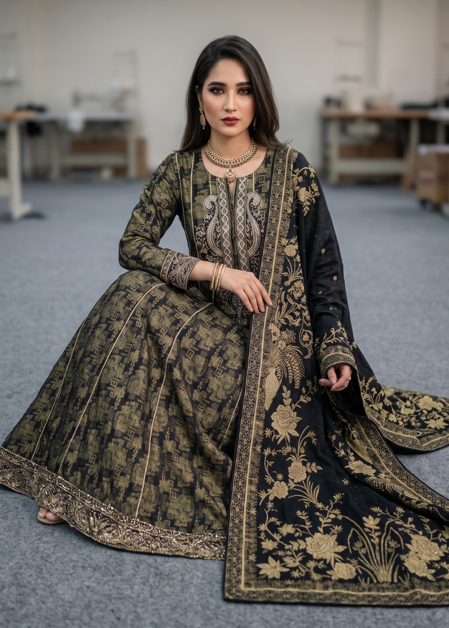 Black Embroidered Jacquard Pishwas Salwar Kameez Online in KSA Riyadh Saudi Arabia Oman Bahrain Qatar