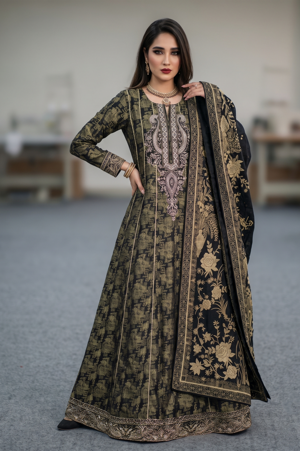 Black Embroidered Jacquard Pishwas Suit Online in Dubai UAE Abudhabi Ajman Sharjah