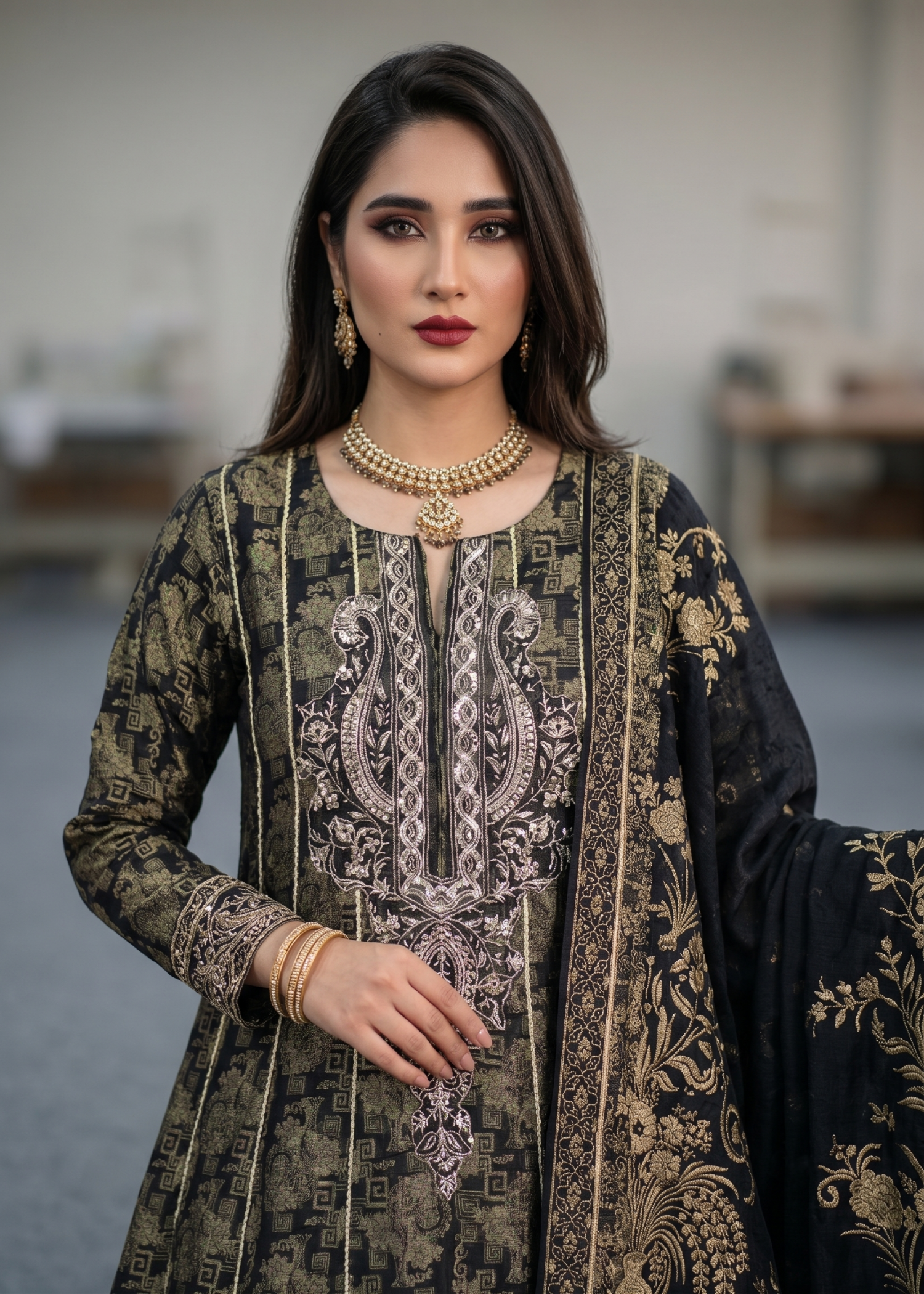 Black Embroidered Jacquard Pishwas with Silk Dupatta Online in Dubai DXB UAE Abudhabi Meena Bazaar