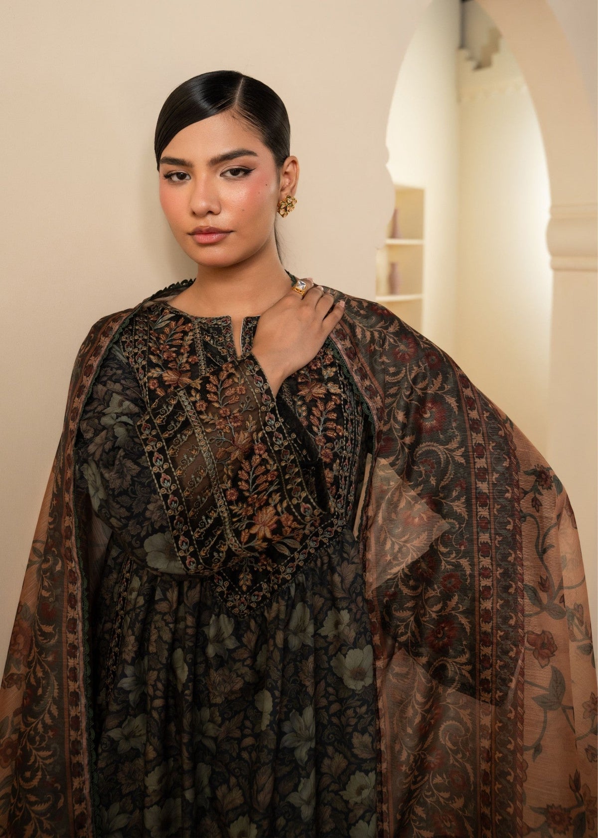 Black Embroidered Khaddar Peplum Top and Shalwar Online in KSA Riyadh Saudi Arabia Oman Bahrain Qatar