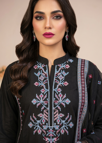 Black Embroidered Lawn 3 Piece Suit Online in Dubai DXB UAE Abudhabi Meena Bazaar