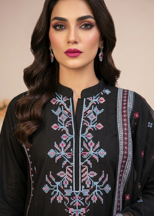 Black Embroidered Lawn 3 Piece Suit Online in Dubai DXB UAE Abudhabi Meena Bazaar