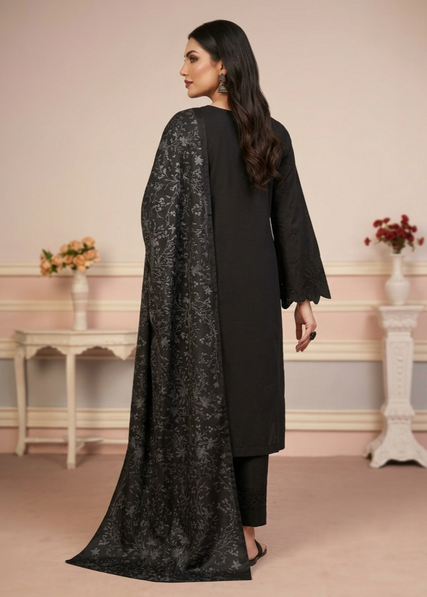 Black Embroidered Lawn 3 Piece Suit Online in Sri Lanka India Australia