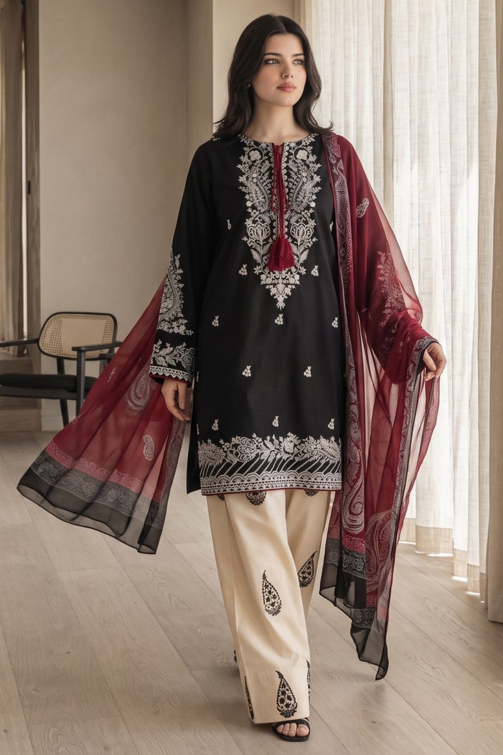 Black Embroidered Lawn Cotton Farshi Shalwar Suit Online in Dubai UAE Abudhabi Ajman Sharjah