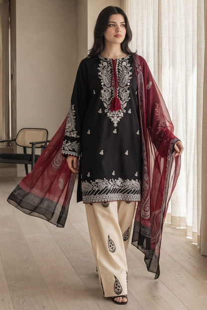 Black Embroidered Lawn Cotton Farshi Shalwar Suit Online in Dubai UAE Abudhabi Ajman Sharjah