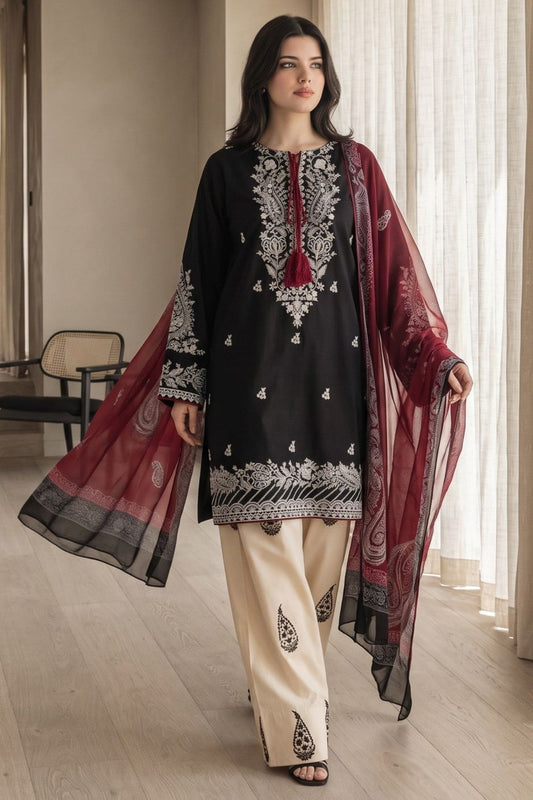 Black Embroidered Lawn Cotton Farshi Shalwar Suit Online in Dubai UAE Abudhabi Ajman Sharjah