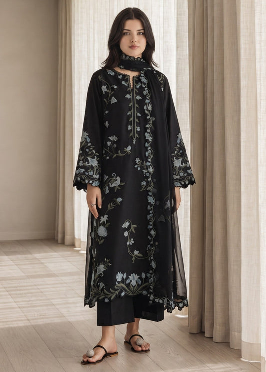 Black Embroidered Lawn Cotton Kurta Set Online in Dubai DXB UAE Abudhabi Meena Bazaar