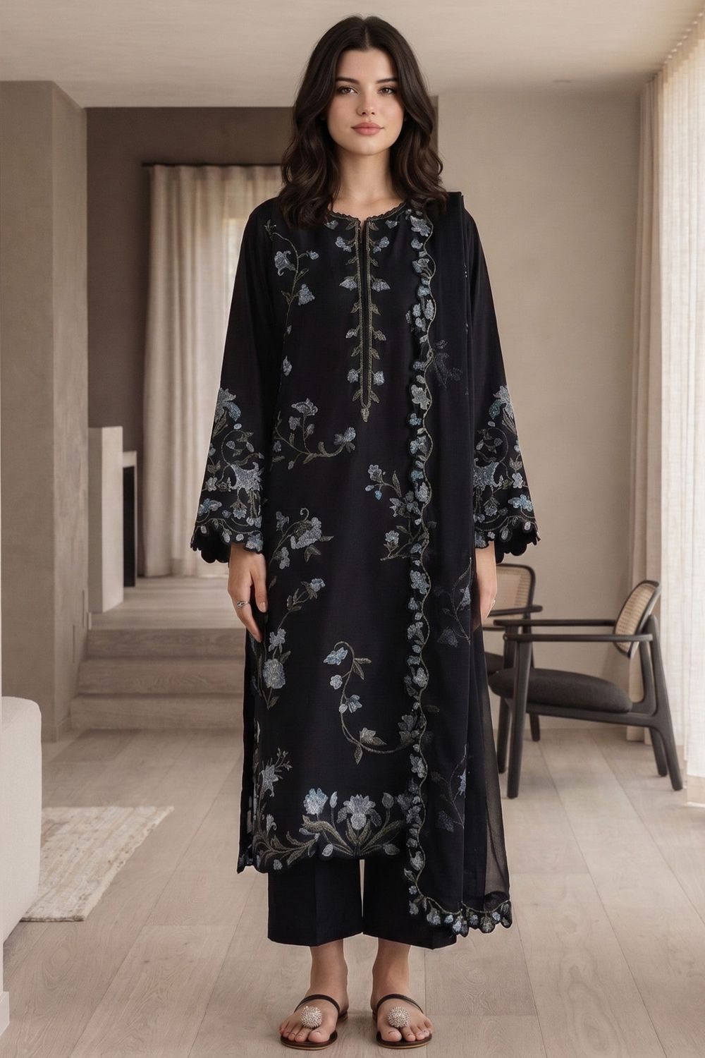 Black Embroidered Lawn Cotton Kurta Set Online in Dubai UAE Abudhabi Ajman Sharjah
