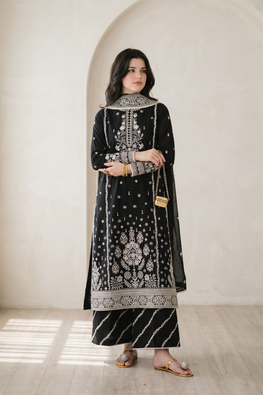 Black Embroidered Lawn Cotton Kurta Set Online in Dubai UAE Abudhabi Ajman Sharjah
