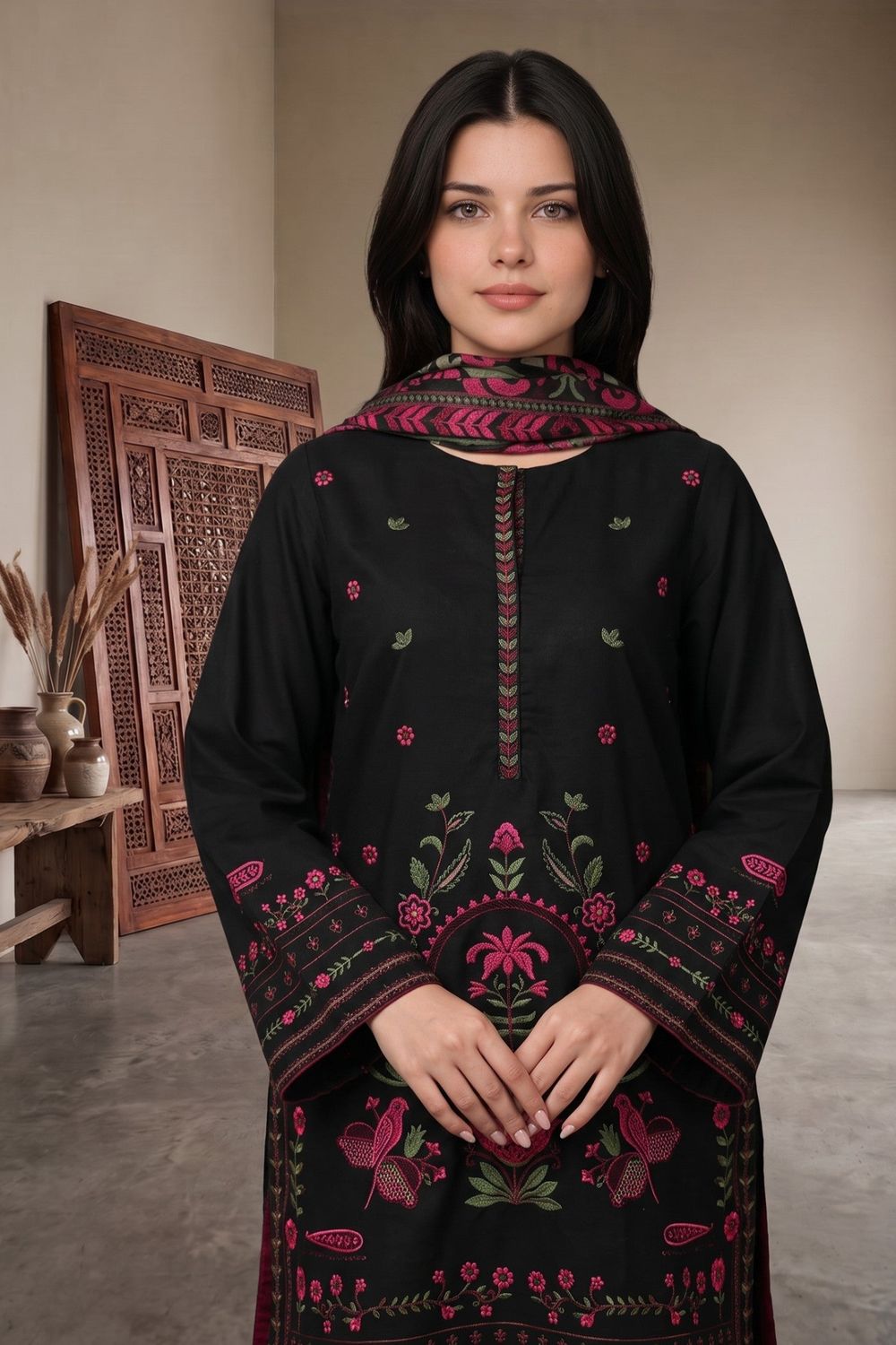 Black Embroidered Lawn Cotton Salwar Kameez Online in Dubai UAE Abudhabi Ajman Sharjah