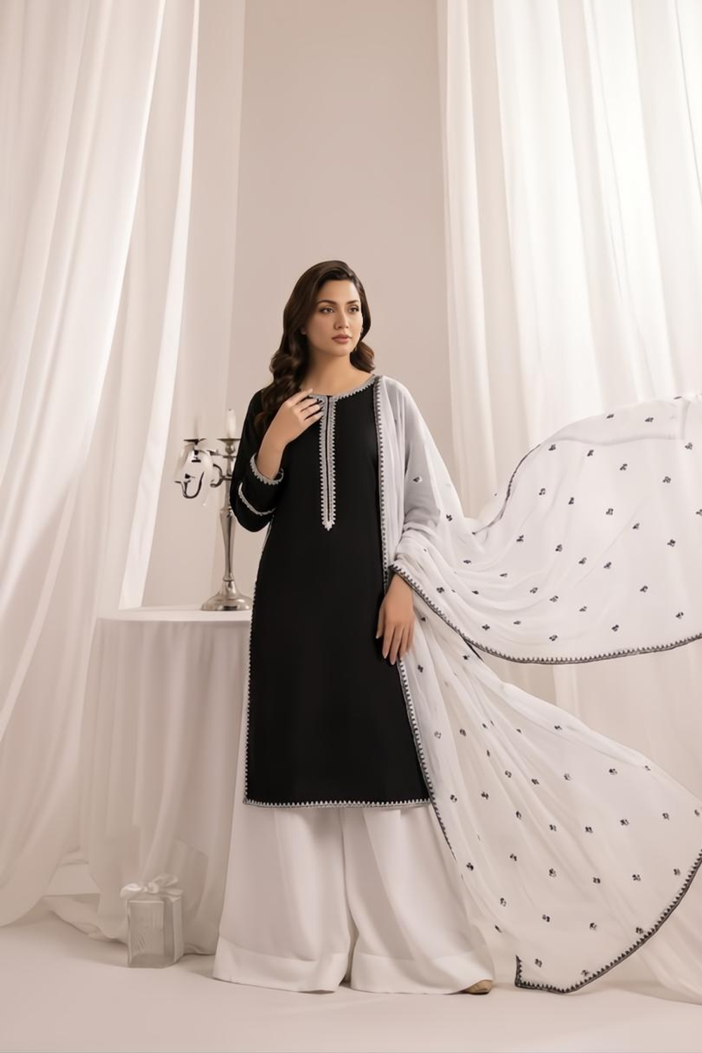 Black Embroidered Lawn Cotton Sharara Suit Online in Dubai UAE Abudhabi Ajman Sharjah