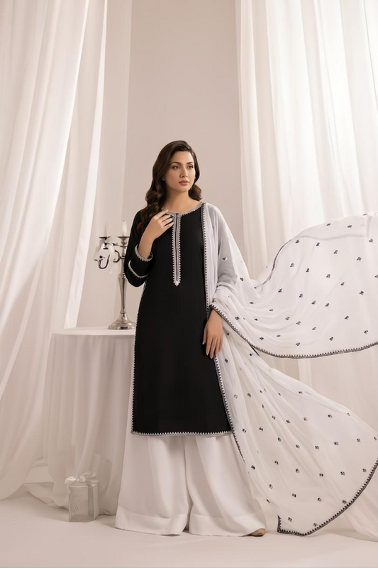 Black Embroidered Lawn Cotton Sharara Suit Online in Dubai UAE Abudhabi Ajman Sharjah