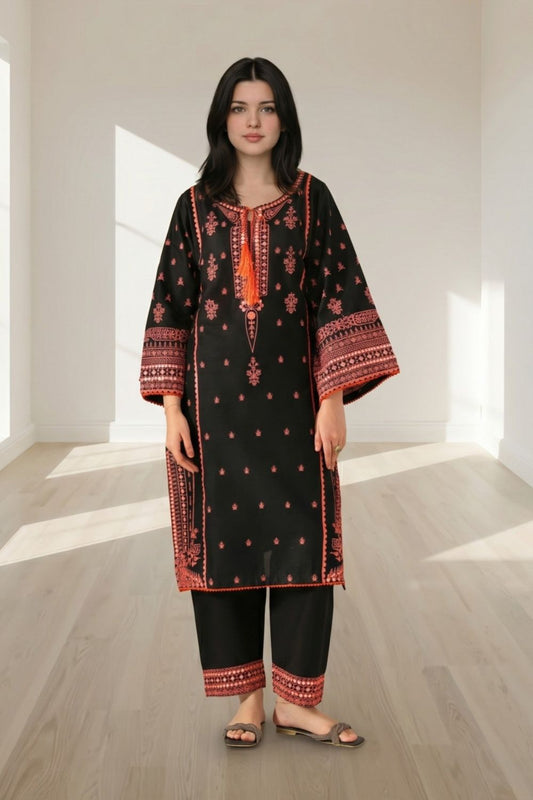 Black Embroidered Lawn Cotton Straight Kurta Suit Online in Dubai UAE Abudhabi Ajman Sharjah