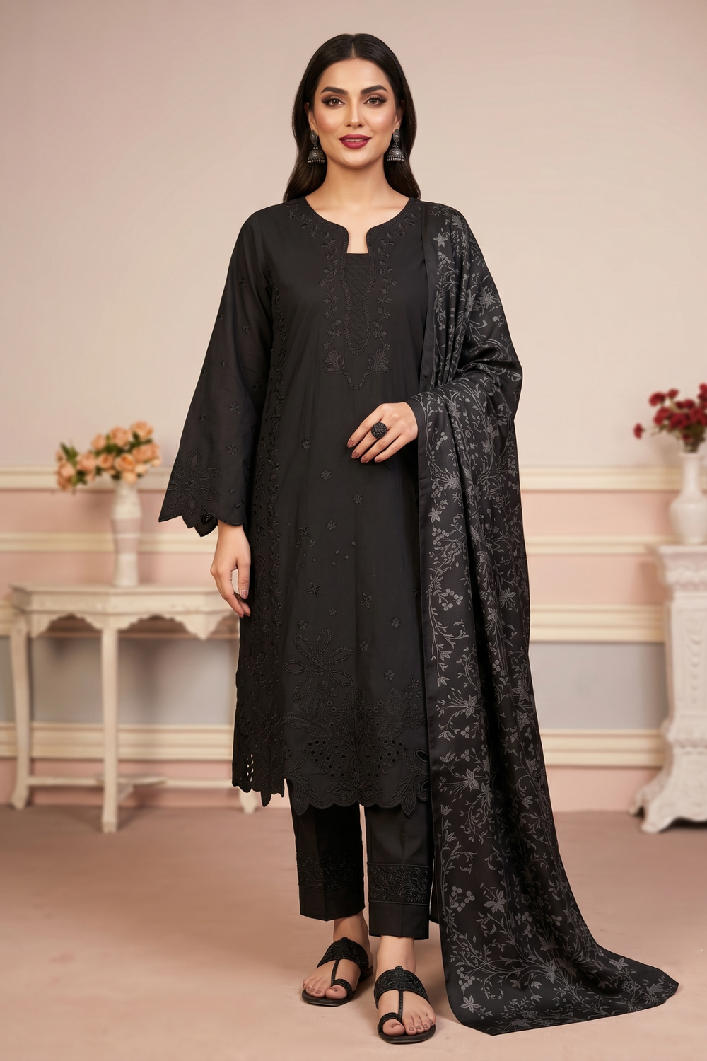Black Embroidered Lawn Festive Party Wear Suit Online in Dubai UAE Abudhabi Ajman Sharjah