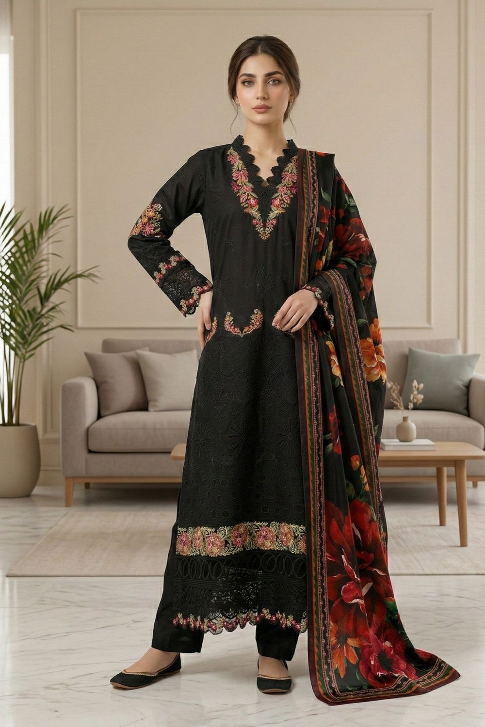 Black Embroidered Lawn Festive Suit Online in Dubai UAE Abudhabi Ajman Sharjah