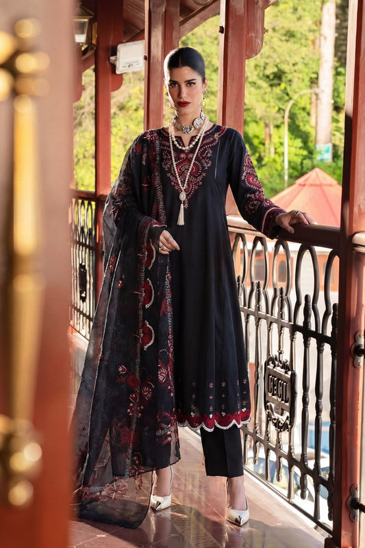Black Embroidered Lawn Flared Pishwas Suit Online in Dubai UAE Abudhabi Ajman Sharjah