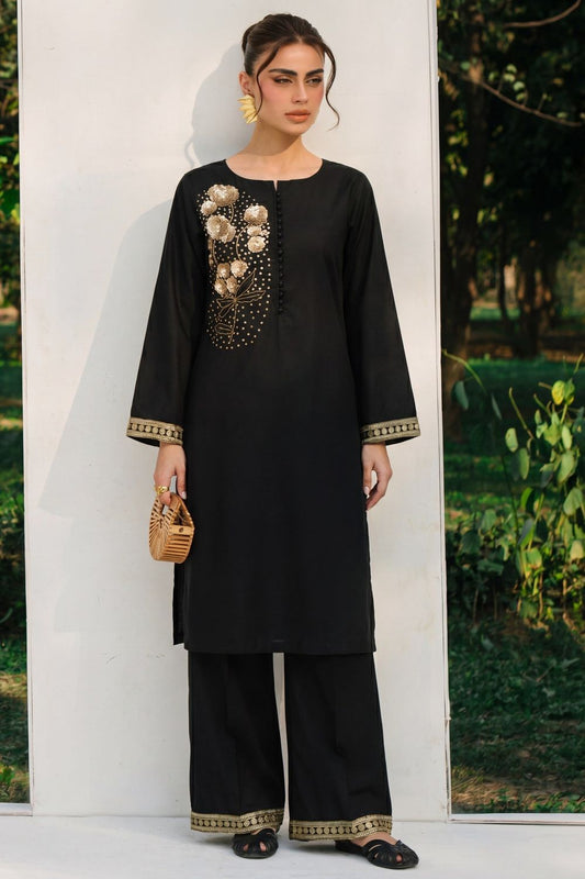 Black Embroidered Lawn Kurta Palazzo Set Online in Dubai UAE Abudhabi Ajman Sharjah