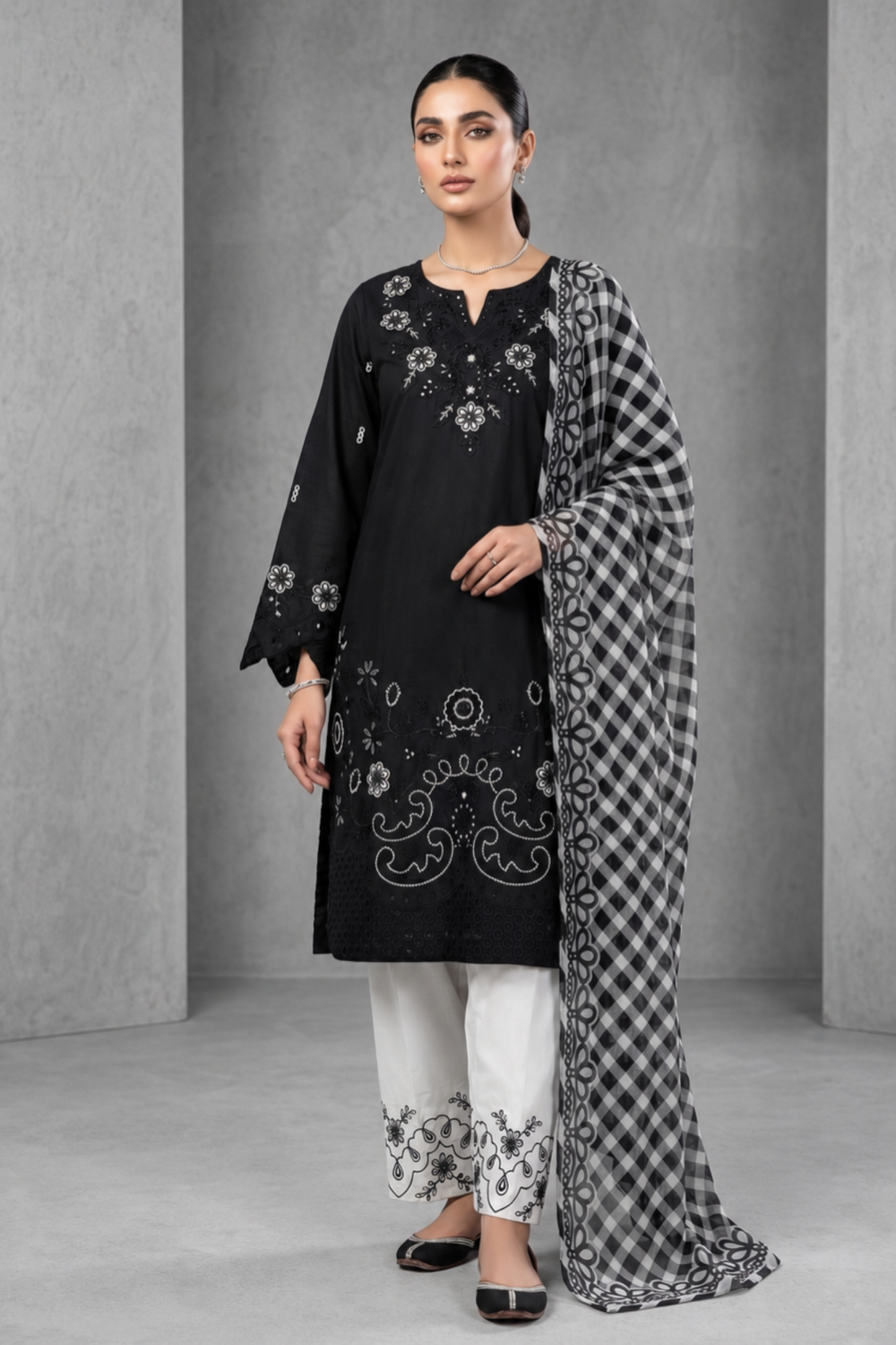 Black Embroidered Lawn Kurta Set Online in Dubai UAE Abudhabi Ajman Sharjah