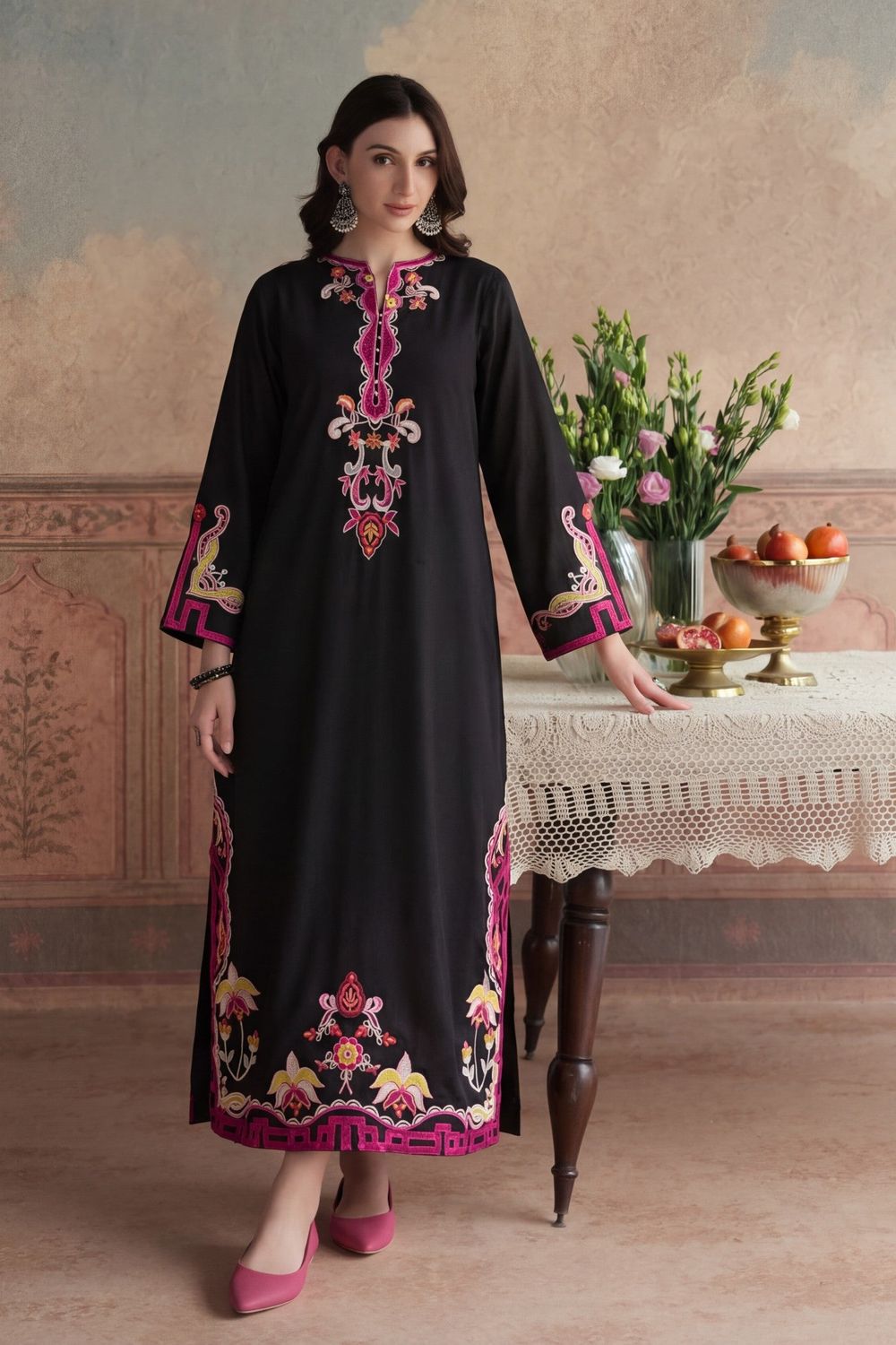 Black Embroidered Lawn Kurta Set Online in Dubai UAE Abudhabi Ajman Sharjah