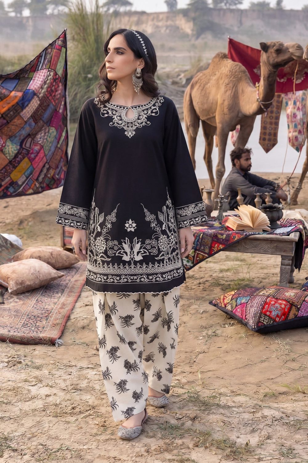 Black Embroidered Lawn Kurta Shalwar Online in Dubai UAE Abudhabi Ajman Sharjah