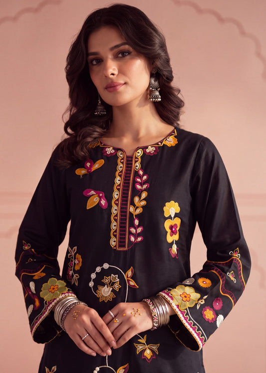 Black Embroidered Lawn Kurta with Plazzo Online in Dubai DXB UAE Abudhabi Meena Bazaar