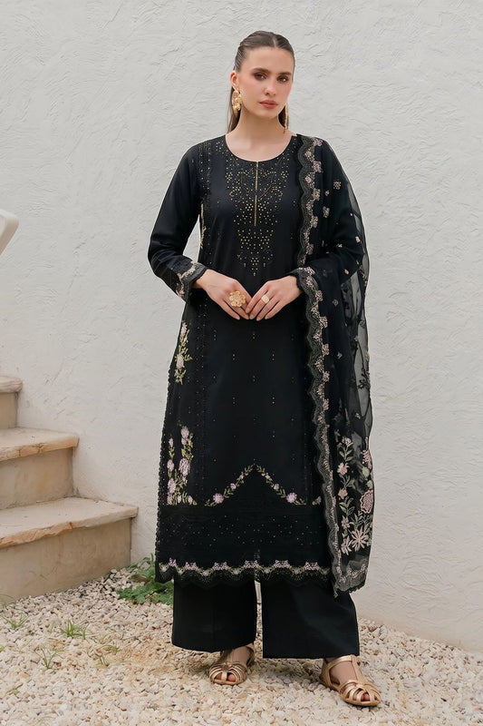 Black Embroidered Lawn Long Kurta Straight Trouser Set Online in Dubai UAE Abudhabi Ajman Sharjah