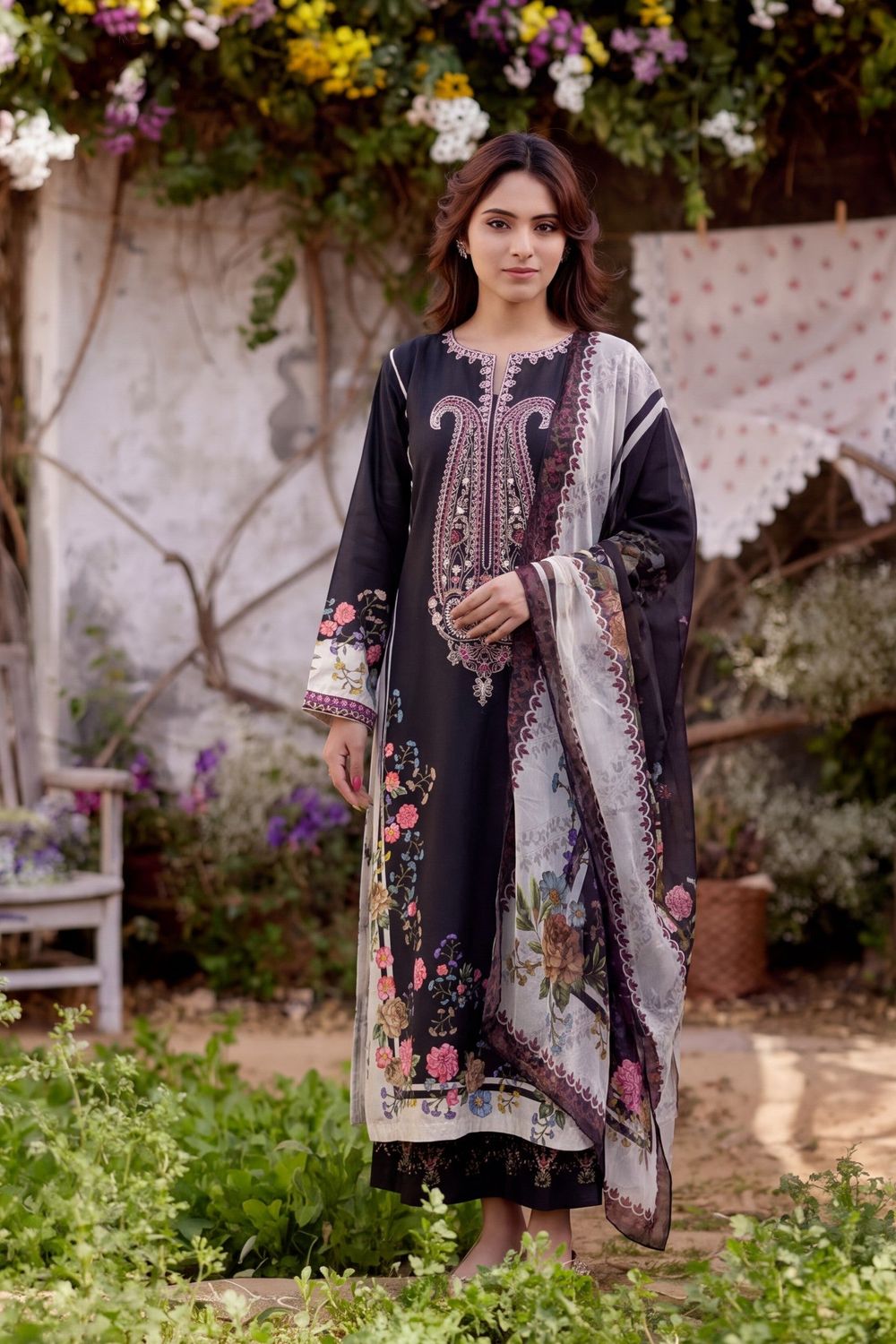 Black Embroidered Lawn Pakistani Suit Online in Dubai UAE Abudhabi Ajman Sharjah