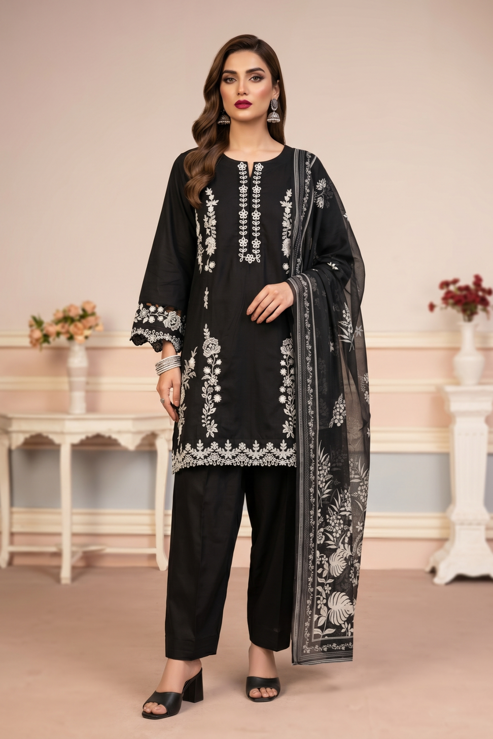 Black Embroidered Lawn Partywear Suit Online in Dubai UAE Abudhabi Ajman Sharjah