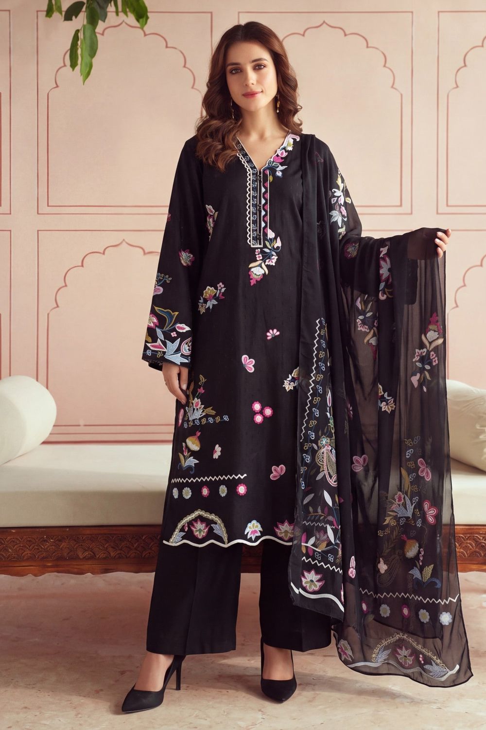 Black Embroidered Lawn Salwar Kameez Online in Dubai UAE Abudhabi Ajman Sharjah