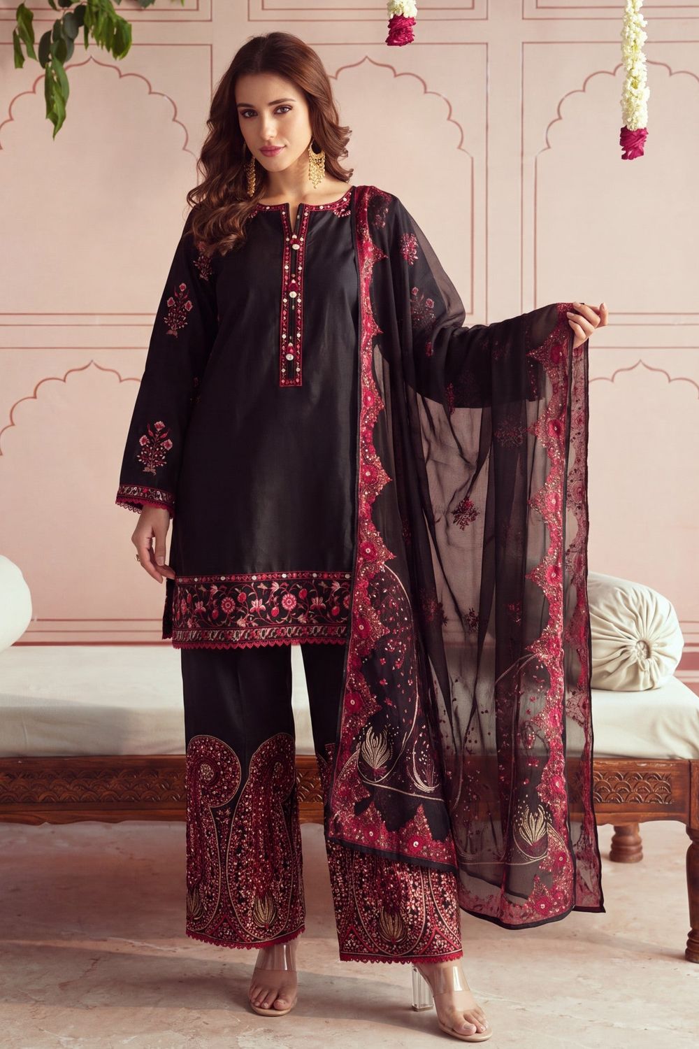 Black Embroidered Lawn Salwar Suit Online in Dubai UAE Abudhabi Ajman Sharjah